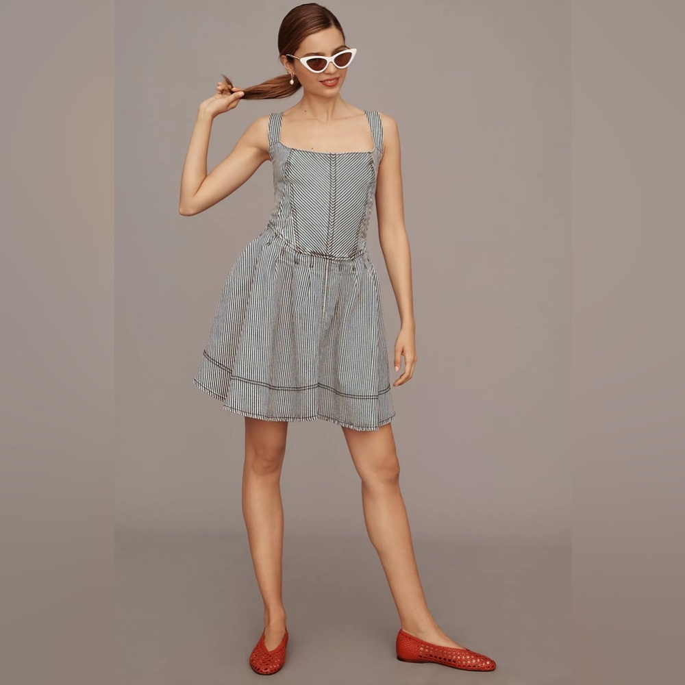 Anthropologie Pilcro Square-Neck Tie-Back Denim Mini Dress. Size XL